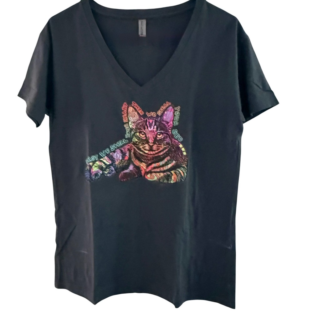 Next Level Apparel Cat Graphic T-Shirt Womens Large Navy Excellent V-Neck Tee - Picture 6 of 8